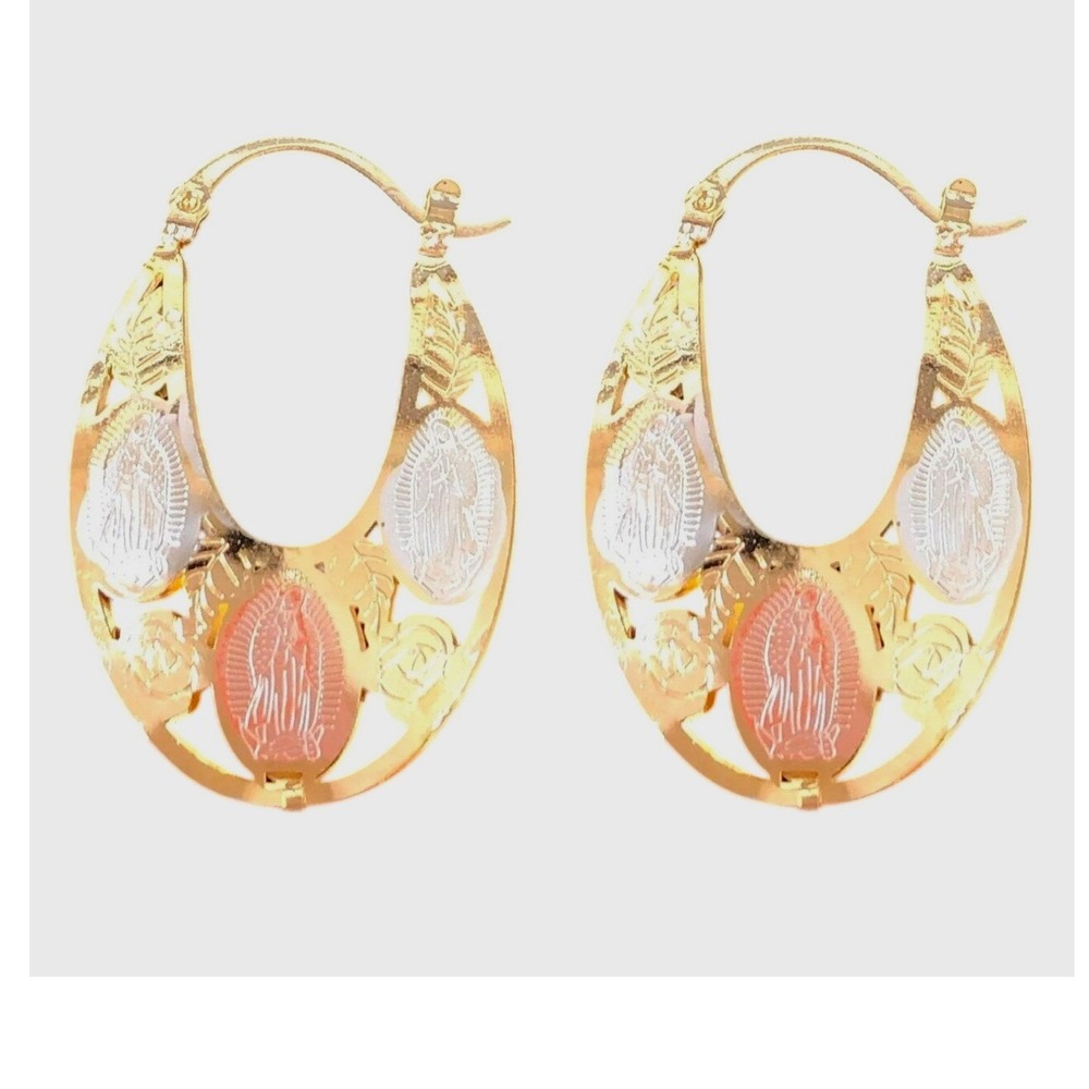 Laminated‎ GoldWomens Tri Tone Gold Color Virgin Mary Hoop Earrings Religious